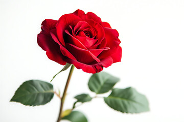 A vibrant red rose with green leaves against a white background.