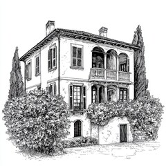 Black and white Vintage engraved art of an Italian villa, isolated on white background, ink sketch illustration, simple vector art design, highly detailed line art, high contrasty 