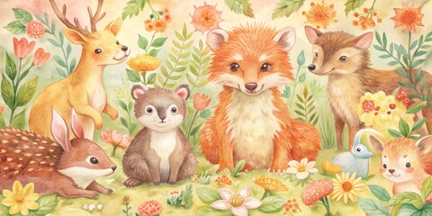 Whimsical forest creatures, including hedgehog, fox, bear, raccoon, deer, squirrel, and hare, amidst lush greenery, flowers, and wood accents in a vibrant watercolor illustration.