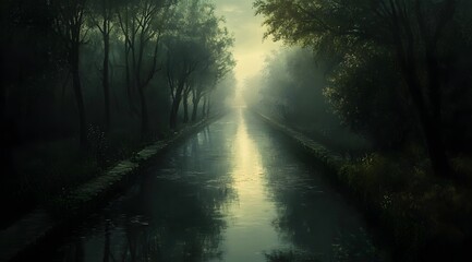 Wall Mural - A Misty Forest Path Leading to a Calm River