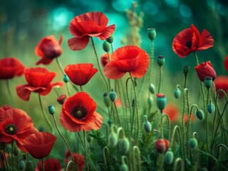 Wall Mural - Vibrant red poppies sway gently in the breeze, set against a lush green backdrop, capturing the essence of natural beauty in a stunning floral landscape.