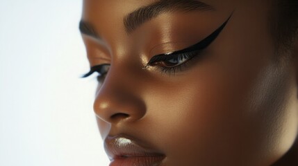 Poster - A model highlights striking eyeliner and radiant skin, posing gracefully in a beauty studio with soft lighting.