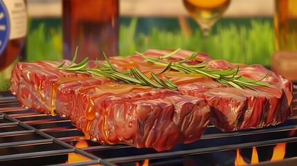 Two Grilled Steaks with Rosemary on a Barbecue Grill