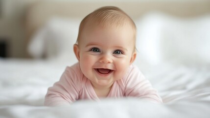 Sticker - A baby smiling on a bed with white sheets and pillows, AI