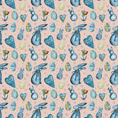 Seamless pattern with Easter motif assembled from watercolor components.