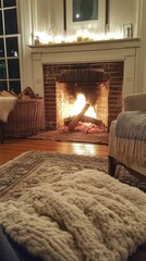 Wall Mural - A fire place in a living room with some pillows and blankets, AI