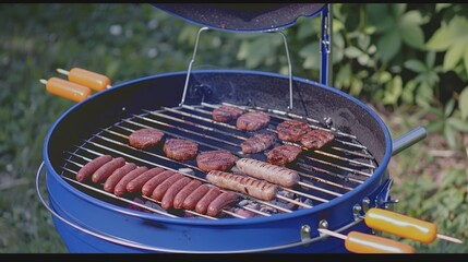 Close-up of a blue charcoal grill with sausages and meat patties cooking on the grate