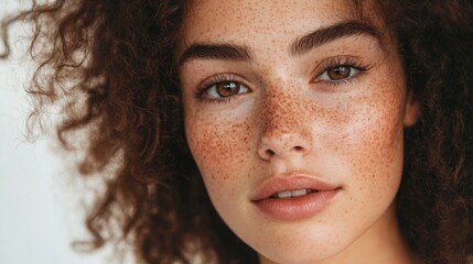 Wall Mural - A young woman with curly, voluminous hair and distinctive freckles gazes directly at the viewer, showcasing her natural beauty.