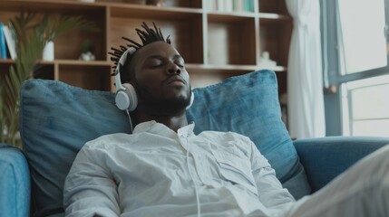 Poster - In a tranquil setting, a person enjoys deep relaxation while listening to music, fully immersed in the soothing atmosphere of their stylish living space