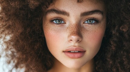 Wall Mural - A young woman with curly hair and prominent freckles gazes directly at the camera with a soft expression.