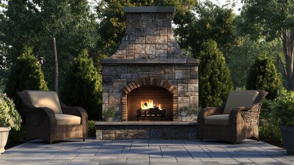 Wall Mural - A couple of chairs and a fireplace in the middle of an outdoor area, AI