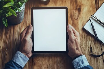 Wall Mural - Mockup image of male hands holding black tablet pc with blank white desktop screen while sitting in cafe