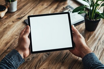 Wall Mural - Mockup image of male hands holding black tablet pc with blank white desktop screen while sitting in cafe