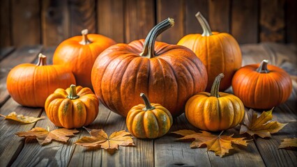 Wall Mural - Close-up of pumpkins on a wooden table