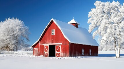 Poster - A red barn with a snow-covered roof, symbolizing rural life in winter