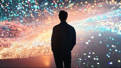 Poster - A silhouette of a person stands admiring a bright digital display filled with dynamic, colorful patterns in a dimly lit environment.