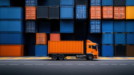 An orange truck parked in front of a large stack of shipping containers, representing logistics and freight transport.