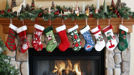 Poster - A fireplace with stockings hanging from it and a christmas tree, AI