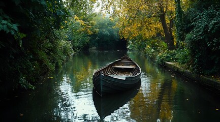 Wall Mural - A solitary wooden boat docked in a serene canal surrounded by lush greenery