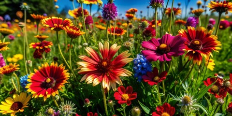 Wall Mural - Vibrant wildflowers sway gently in the breeze, painting a picturesque landscape with a kaleidoscope of colors, predominantly red, orange, yellow, and blue hues.