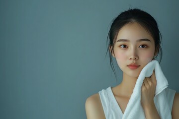 Wall Mural - Young Woman Drying Her Face with a White Towel