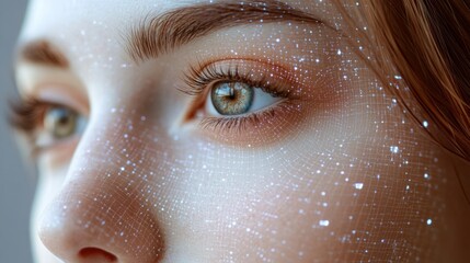 Aufkleber - A woman gazes intently as shimmering digital projections illuminate her features, highlighting her eye's vivid details.