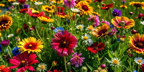 Wall Mural - Vibrant field of colorful wildflowers sways gently in the breeze, radiating warmth, happiness, and vitality, symbolizing the beauty and splendor of nature's majesty.