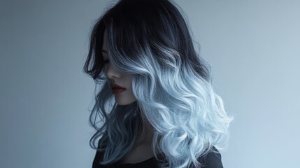 Poster - A woman with beautifully styled wavy silver ombre hair stands in profile, highlighting her hairstyle against a soft light background.