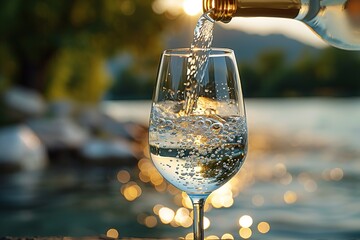 Wall Mural - A glass of water is poured into a wine glass