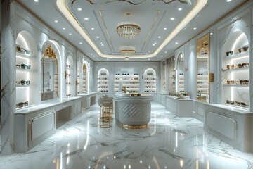 Wall Mural - A large, white room with a chandelier and a lot of glass display cases