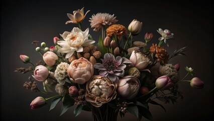 Wall Mural - Luxurious floral illustration in baroque style showcasing lush peonies, tulips, lilies, and hydrangeas in soft pastel hues against a dramatic black background, evoking opulence and elegance.