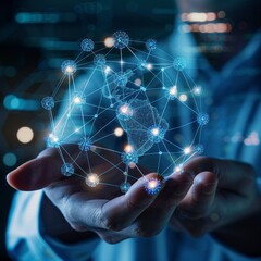 Poster - A professional analyzes data visualization on a holographic globe, representing global business connections while surrounded by technology in a sleek office environment