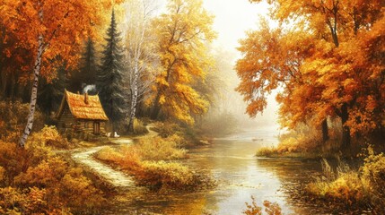 Wall Mural - A painting of a cabin in the woods surrounded by trees, AI