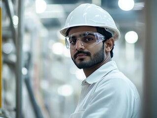 Indian male factory worker in safety glasses and hard hat operating industrial machinery