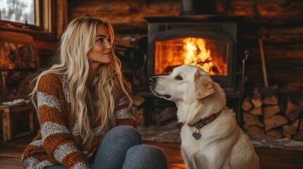 Canvas Print - A woman sitting on the floor with a dog in front of her fireplace, AI