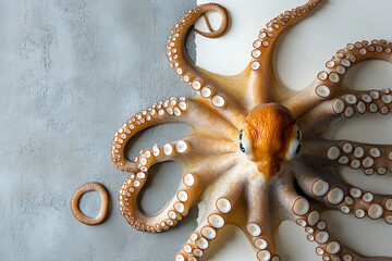 A close-up of an octopus displaying its tentacles on a textured surface.