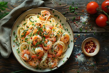 Wall Mural - A plate of shrimp pasta with a side of red tomatoes