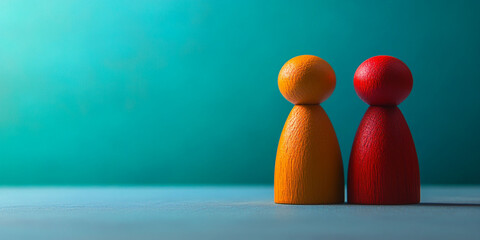 Red and Yellow color two  wooden people figure on  blue texture background