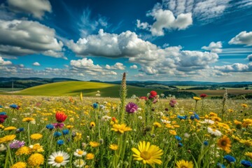 Wall Mural - Vibrant wildflowers of various colors bloom in a lush green meadow under a brilliant blue sky with puffy white clouds on a sunny day.