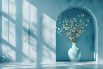 Wall Mural - A blue vase with flowers sits in a room with a blue wall