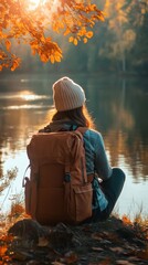 Wall Mural - A woman sitting on a rock by the water with her backpack, AI