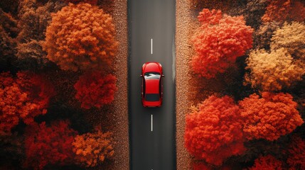 Canvas Print - A car driving down a road surrounded by trees, AI