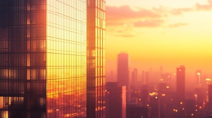 Poster - An architectural high-rise building illuminated at sunset. 