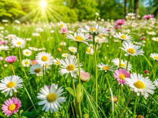 Wall Mural - Vibrant sunny meadow in early summer Estonia overflows with abundant white and pink spring daisies swaying gently in the warm breeze surrounded by lush greenery.