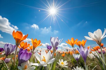 Wall Mural - Vibrant purple, orange, and white flowers bloom in a lush spring meadow, basking in warm sunlight, under a bright blue sky with a few wispy clouds.