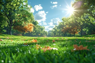 Wall Mural - A lush green field with a bright sun shining down on it