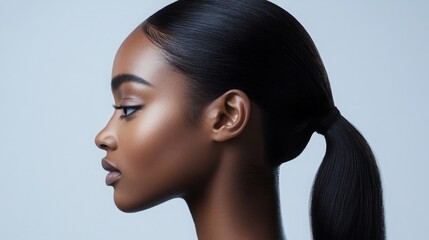 Poster - A woman poses in profile, showcasing her elegant hairstyle and smooth skin, with a softly lit background enhancing her features.
