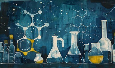 beaker and flask in science laboratory with chemical structure blue banner background. 