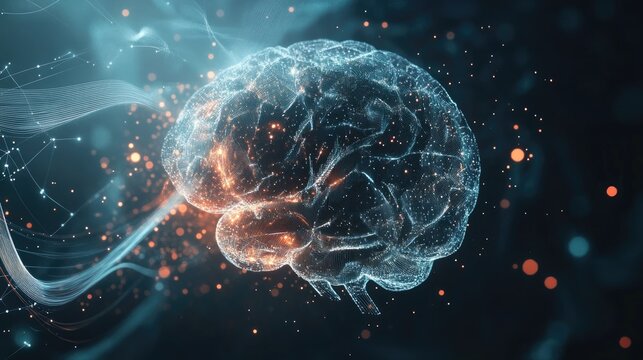 An abstract AI brain formed by geometric shapes and digital waves, with space around it for text.