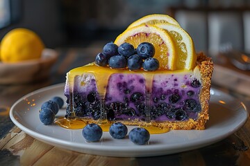 Wall Mural - A slice of blueberry pie with a drizzle of honey and a wedge of lemon on top